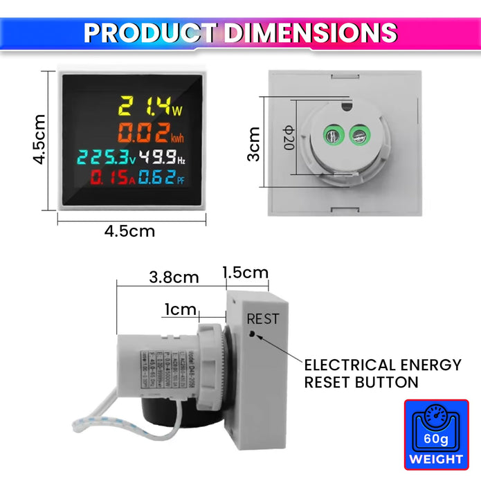 6-in-1 Digital AC Power Meter, Voltmeter, Ammeter, kWh Power Frequency 50–300V, 100A Energy Meter