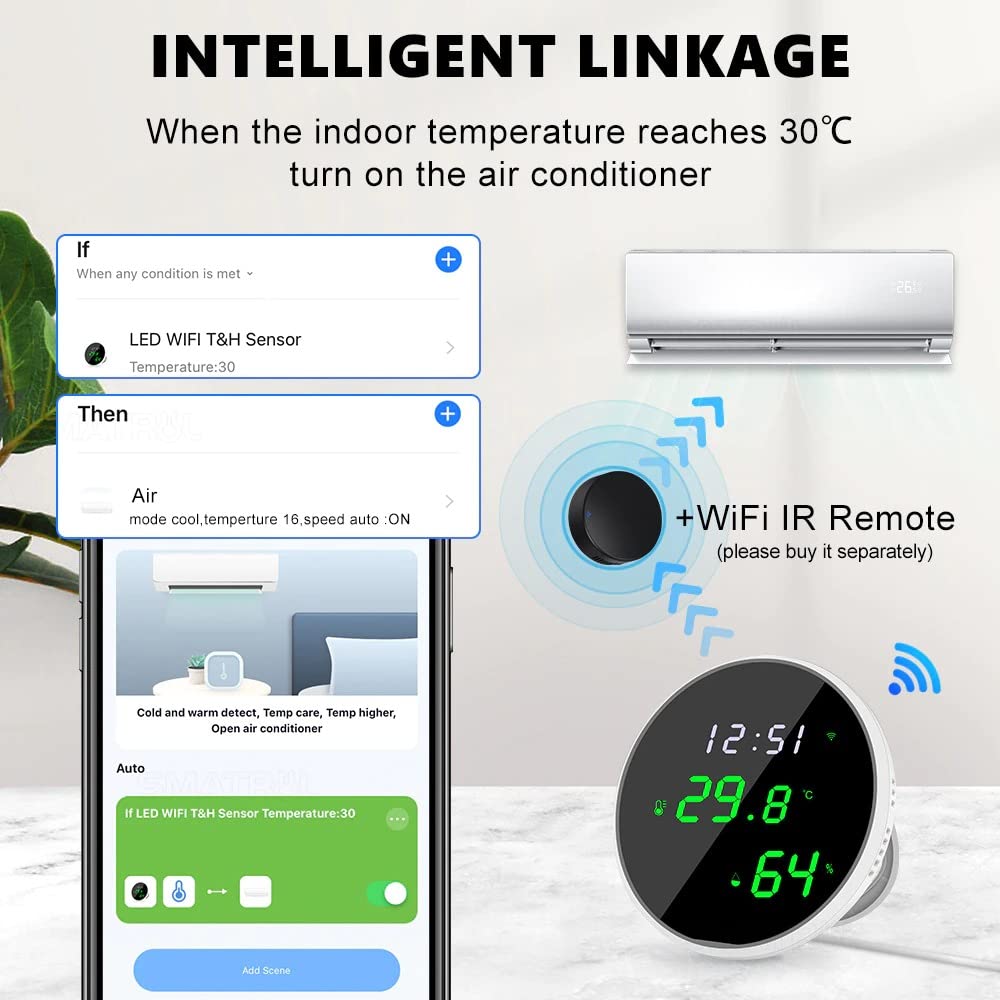 amiciSmart WiFi Temperature Humidity Sensor, Compatible with SmartLife App and USB Powered Thermometer Hygrometer with Data Export Feature