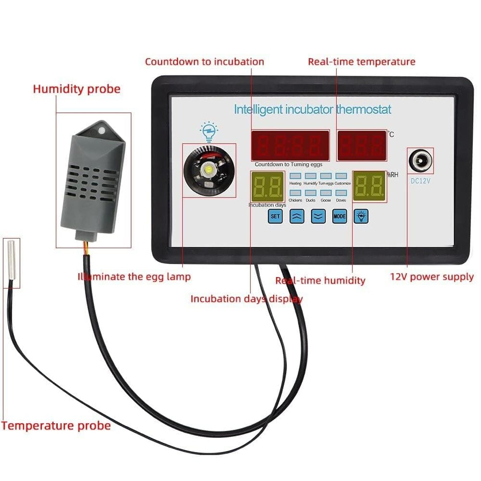 Intelligent Incubator Controller, DC 12V Digital Thermostat for Incubation, Hatching & Brooding with NTC Sensor & Egg Light