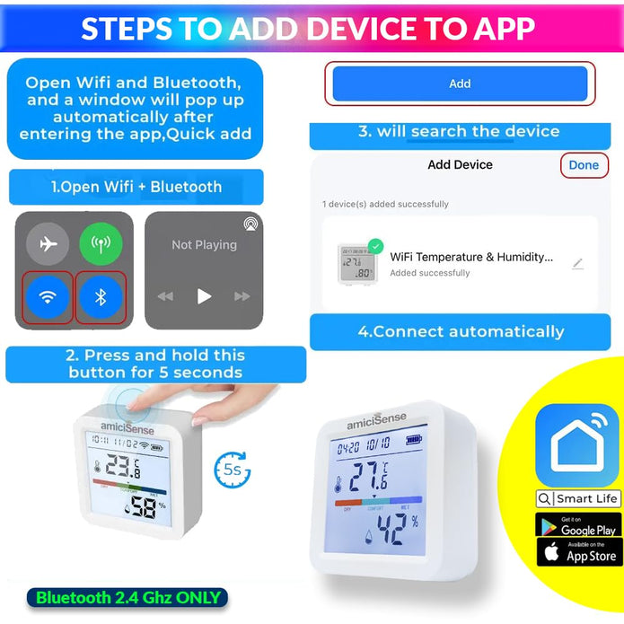 WiFi Temperature & Humidity Sensor – Smart Thermometer Hygrometer with Data Export & SmartLife App Connectivity