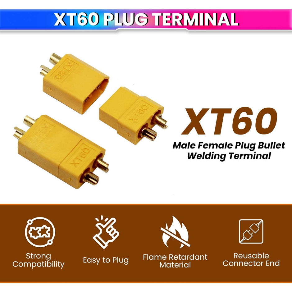 amiciTools XT60 Male & Female Plug Bullet Welding Terminal | Durable Connectors for RC Models, DIY Electronics, etc (5 Pair)