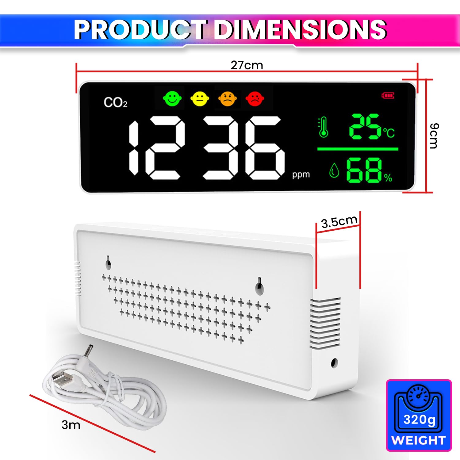 Digital Air Quality Monitor – AQI, CO2, Temperature & Humidity Tracker with Large LED Display & Smart Alerts for Healthier Living amiciKart