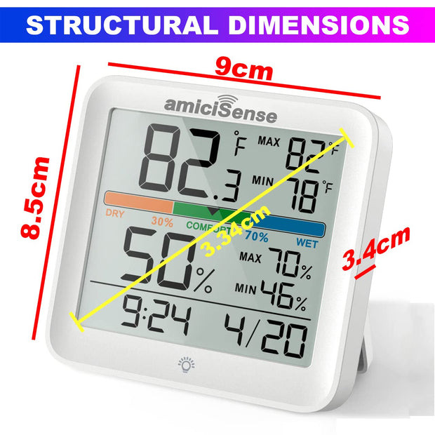 amiciSense Digital Hygrometer Thermometer, AS-55 Temperature and Humidity Monitoring Weather Station with Clock, Plastic, Pack of 1