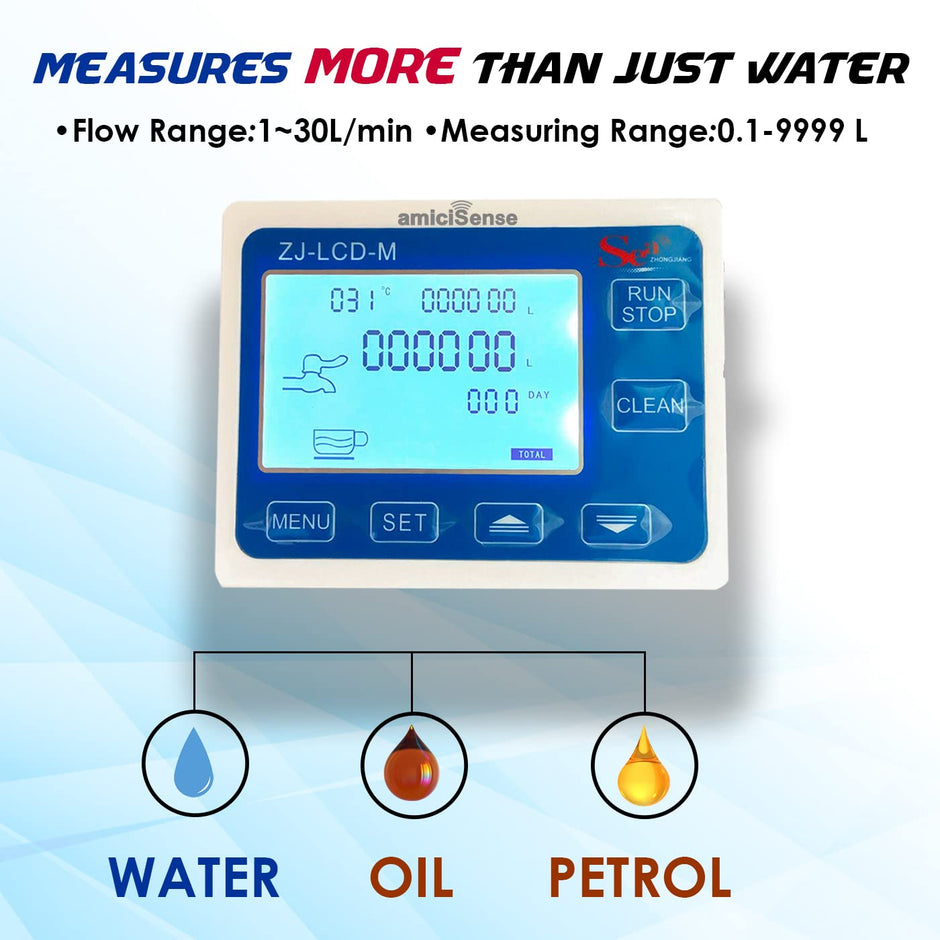 amiciSense Flow Meter, Digital Display Quantitative Controller with G1/2 Sensor, Stop Valve, Power Adapter for Water, Oil, etc. (For All Liquids)