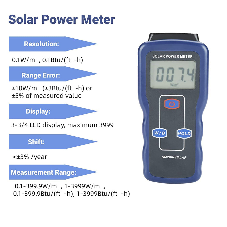 Digital Solar Power Meter-SM206 0.1~1999.9W/m² for Sunlight Radiation Tester Solar Panel Placement
