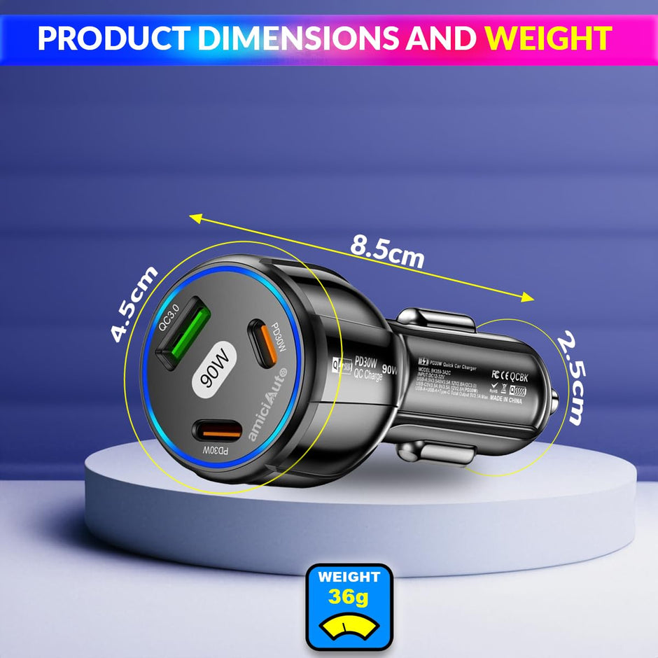 amiciAuto 90W High-Power Car Charger with Triple USB Ports with PD3.0 & QC 3.0 Fast Charging Technology
