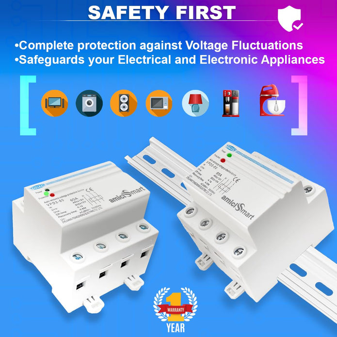 Automatic Over/Under Voltage Protector with Auto Re-Connect 4 Wire Din-Rail Mounted 3 Phase 380V, 60A