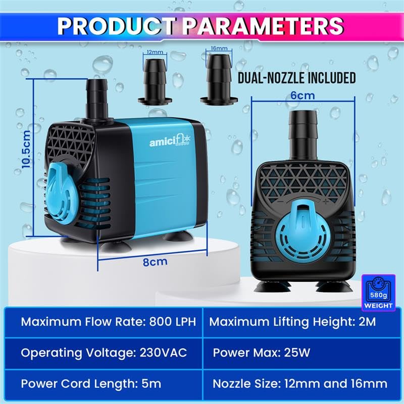Submersible Water Pump 25W, 800 L/H Flow with 5m Pure Copper Motor & Ultra-Quiet Operation