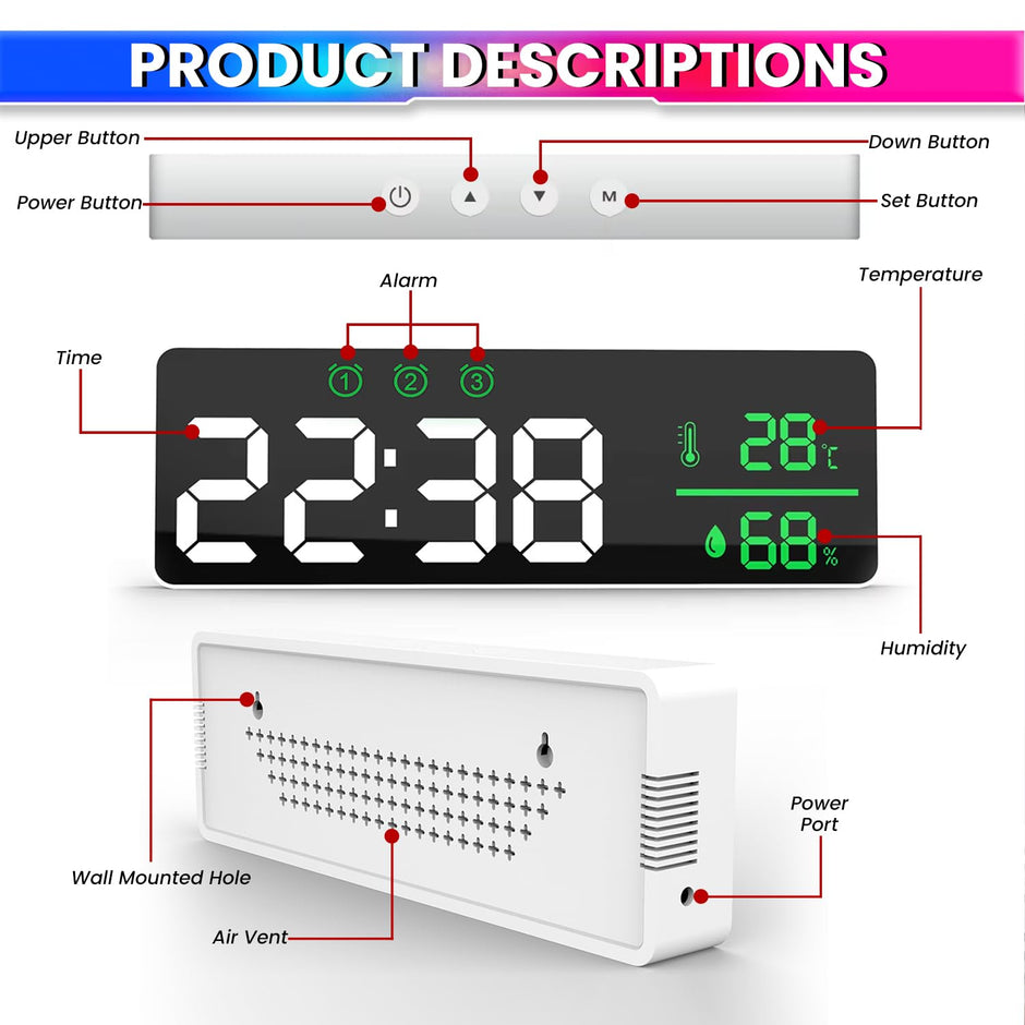 Digital LED Alarm Clock – Temperature & Humidity Display, Triple Alarm, Large LED Screen amiciKart c0tmiz-hs.myshopify.com