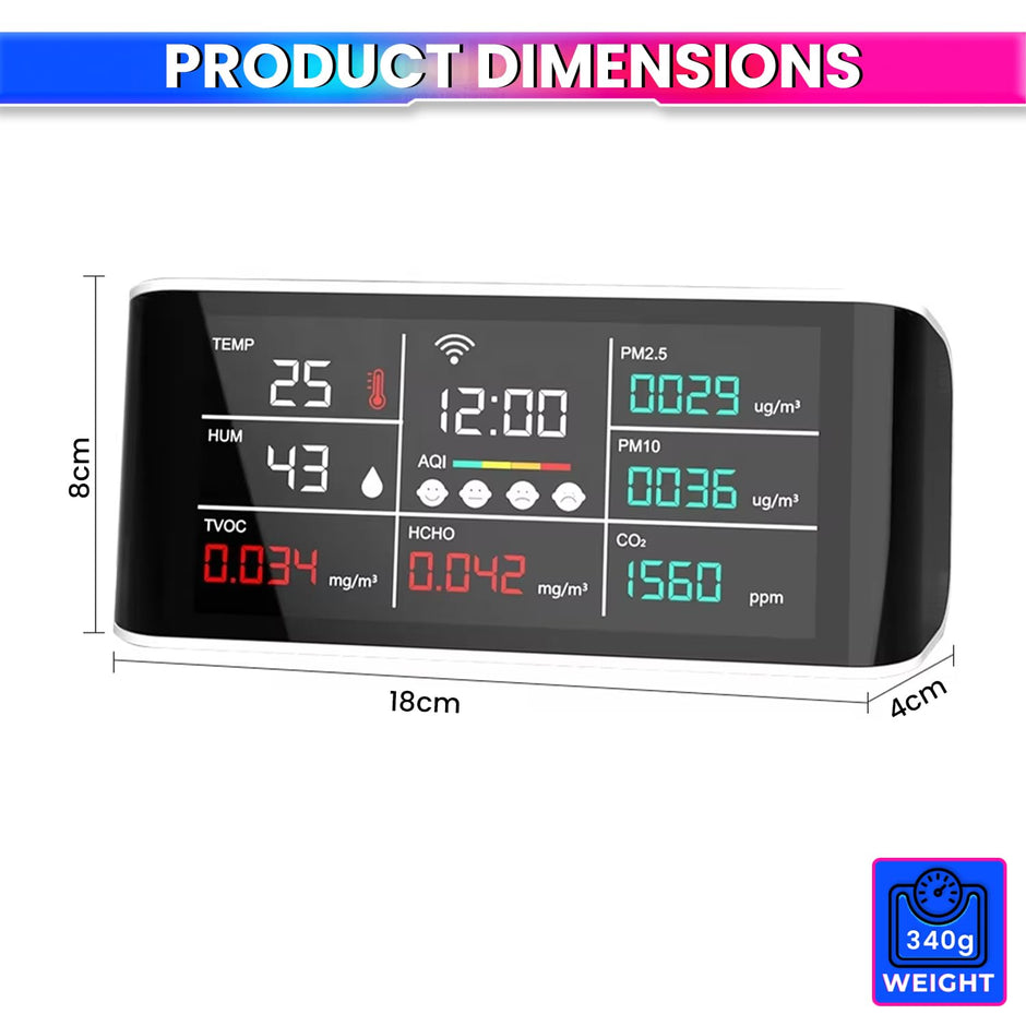 WiFi Air Quality Monitor –Data Export Feature CO2, PM2.5, HCHO, Temp/Humidity, Time Display, SmartLife App