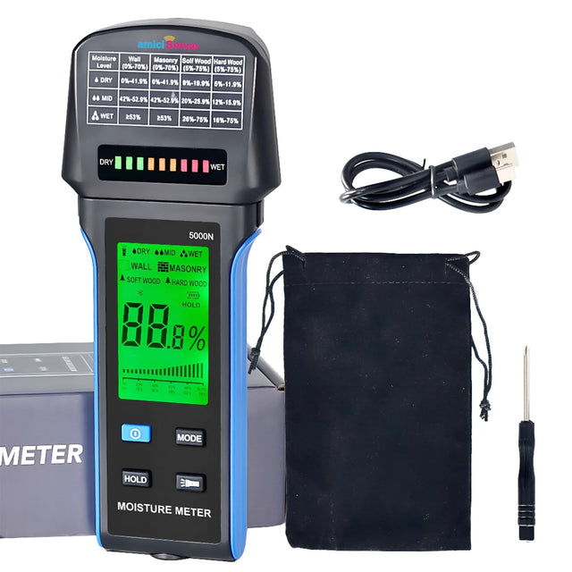 Digital Moisture Meter with LED Indicators & Flashlight Multifunctional Hygrometer with Audible Alarm & Rechargeable Battery