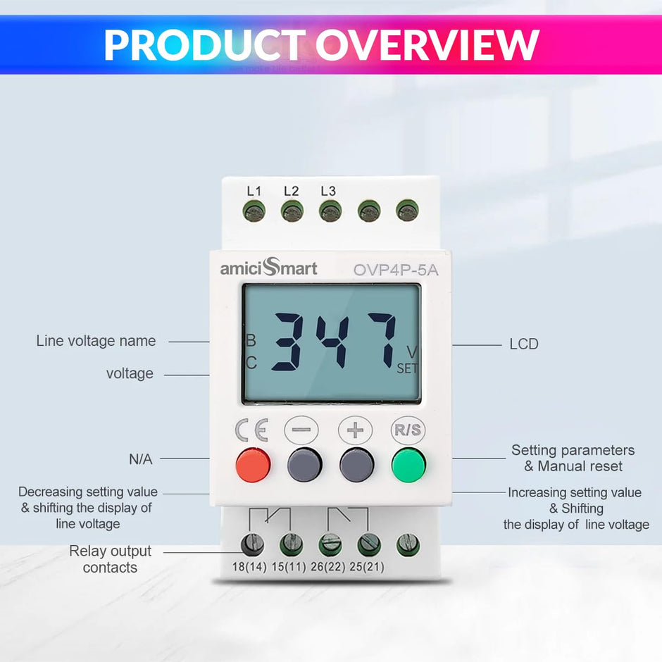 amiciSmart Three Phase Adjustable 300-500V Over/Under Voltage Phase balance Protection Relay with LCD Display and Din Rail Mount