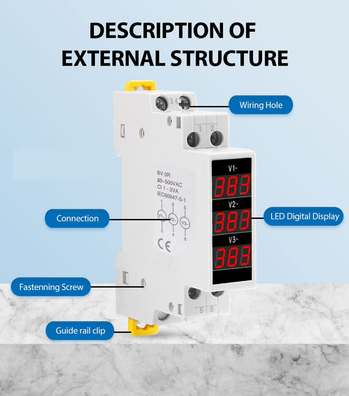 3-Phase Voltage Meter, AC 80-500V Mini Voltage Tester with Accurate LED Display Reading & Din Rail Mount