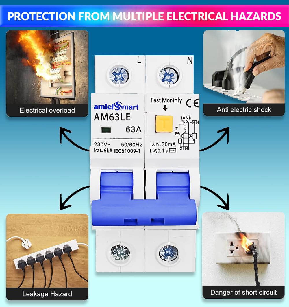 63A RCBO Circuit Breaker Overcurrent, Short-Circuit & Leakage Protection with On/Off Switch