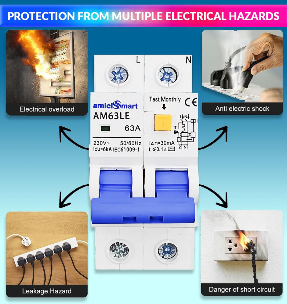 63A RCBO Circuit Breaker Overcurrent, Short-Circuit & Leakage Protection with On/Off Switch
