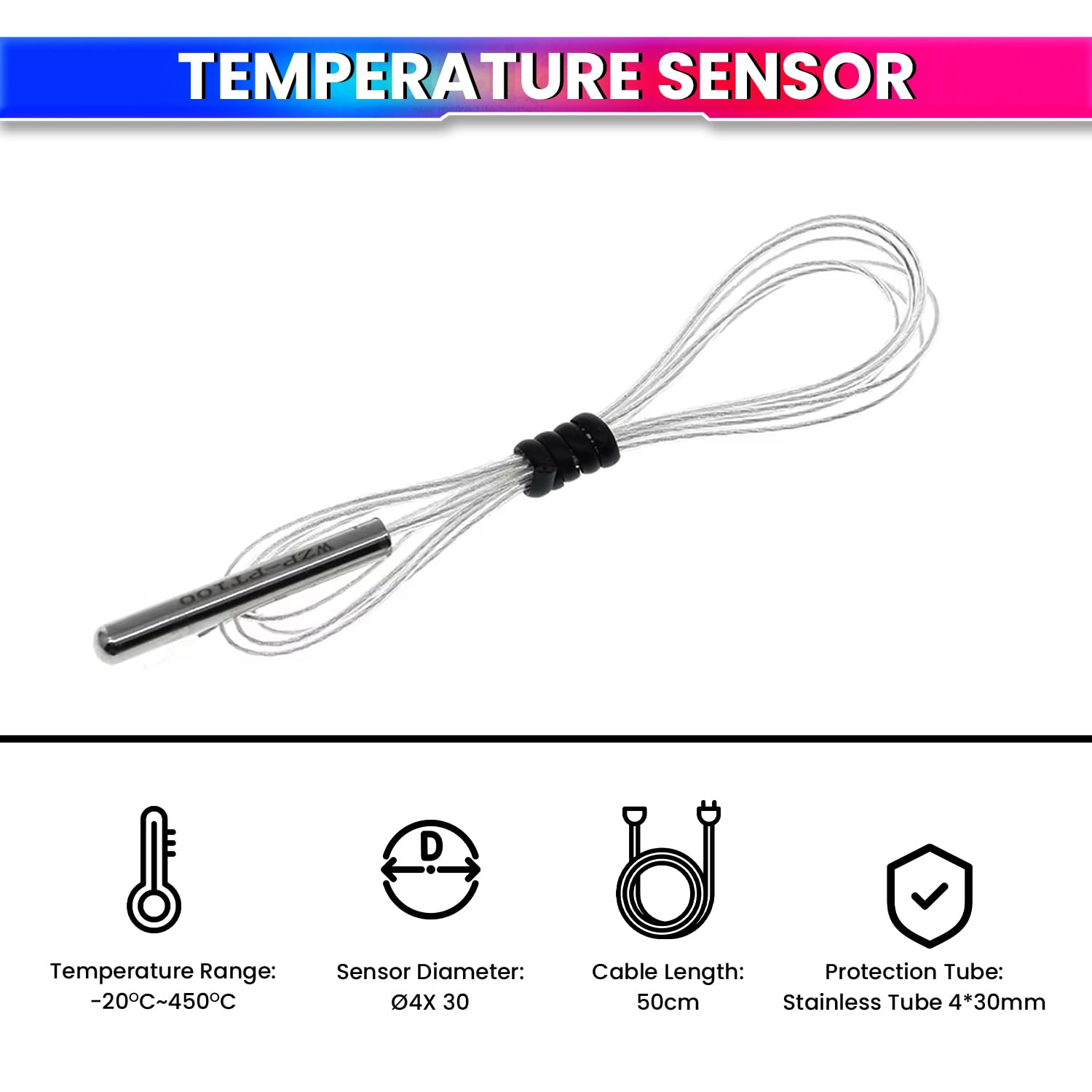 PT100 Temperature Sensor Probe – Waterproof Platinum Resistor, -20~450°C, 0.5m Fiberglass Shielded Cable for Accurate Temp Monitoring amiciKart
