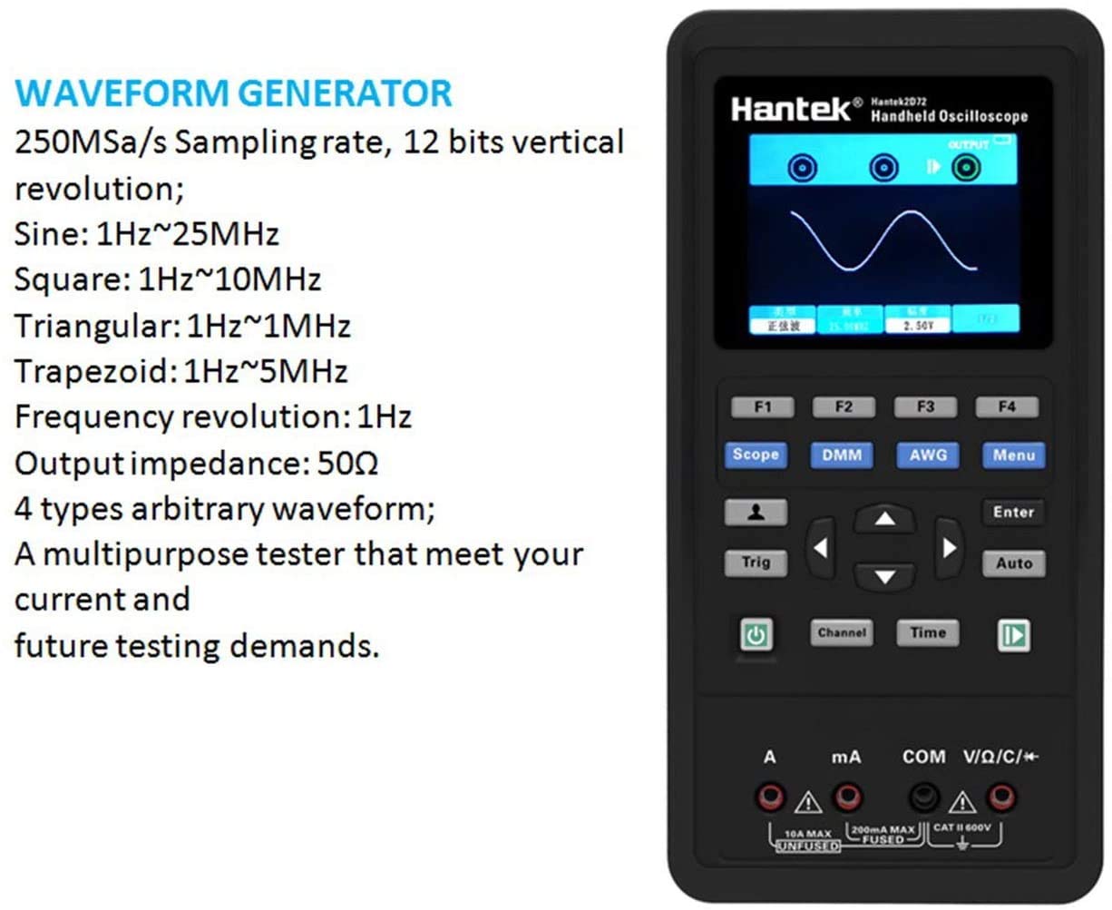 Hantek 2D72 3 in 1 Dual Channel Oscilloscope Waveform Generator Digital Multimeter USB Portable 70Mhz Tester Kit amiciKart