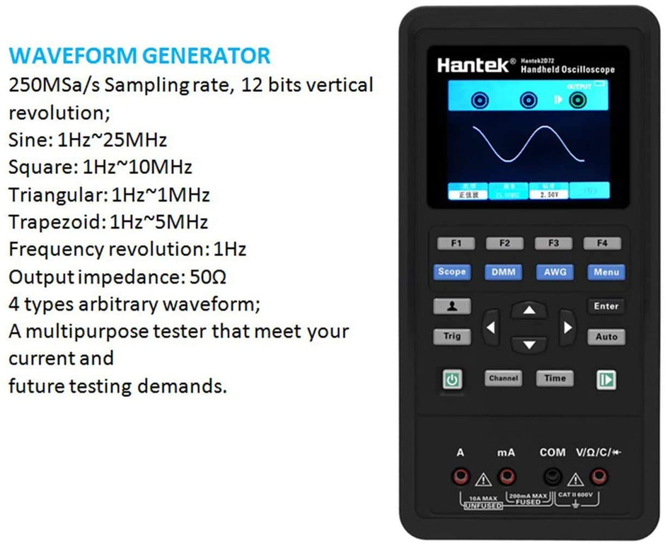 Hantek 2D72 3 in 1 Dual Channel Oscilloscope Waveform Generator Digital Multimeter USB Portable 70Mhz Tester Kit amiciKart