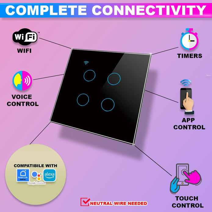 WiFi Touch Switch – 4 Gang, 230V/10A, Alexa/Google Compatible, Interlocking, SmartLife App