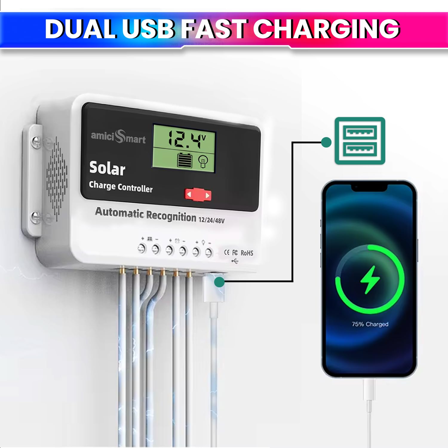 Solar Charge Controller 60A, Intelligent Battery Regulator for Solar Panel LCD Display with USB Port (60A)