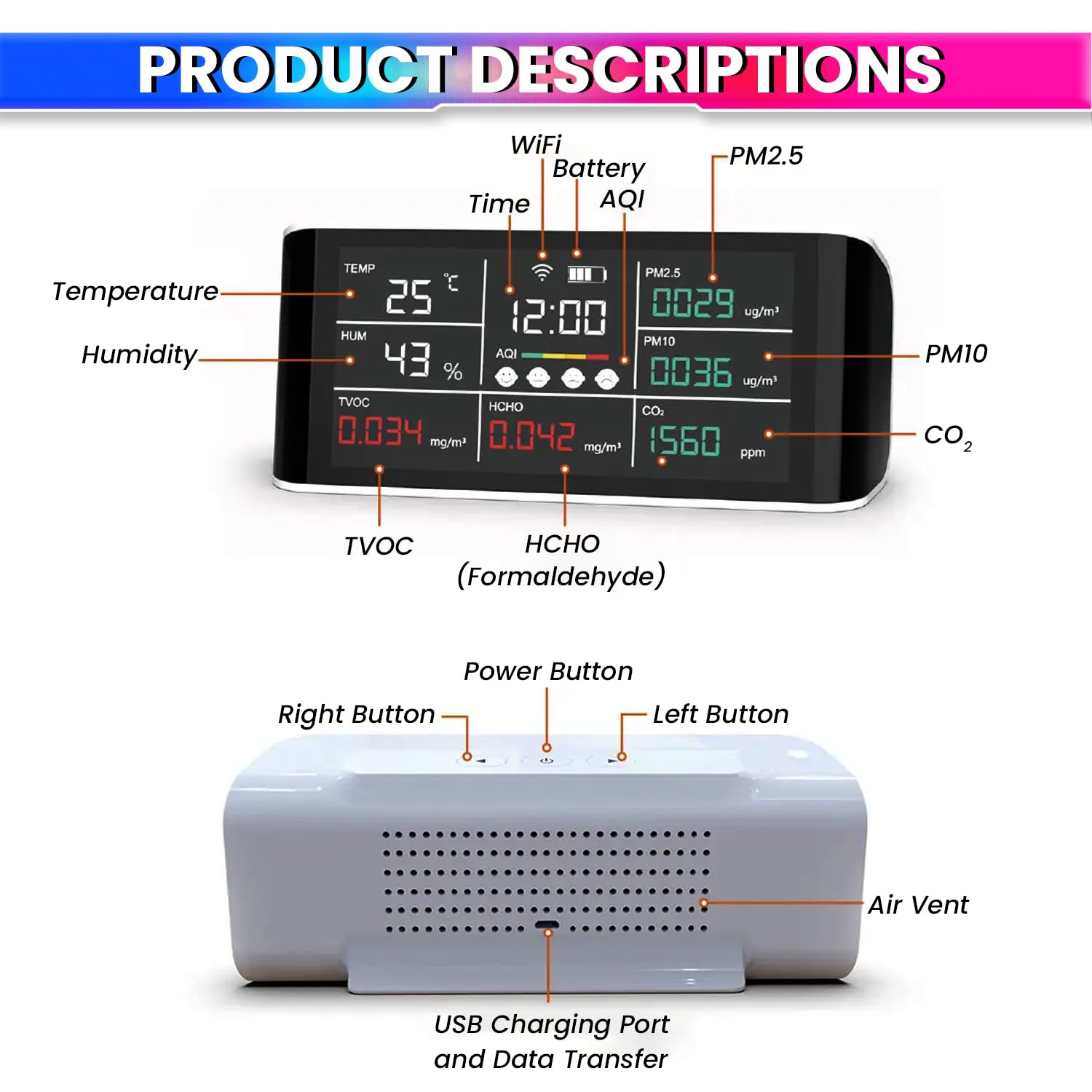 WiFi Air Quality Monitor –Data Export Feature CO2, PM2.5, HCHO, Temp/Humidity, Time Display, SmartLife App