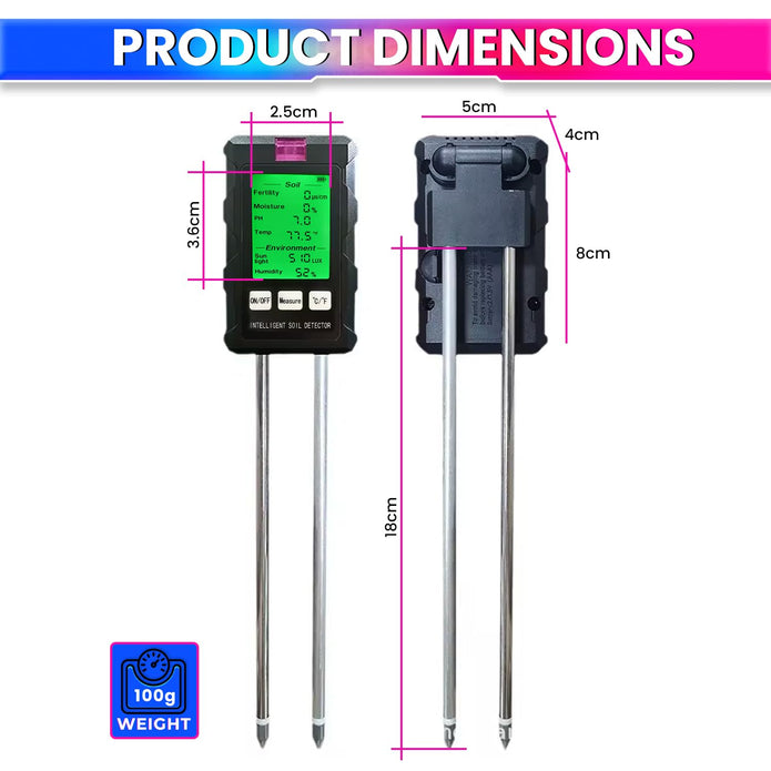 6-in-1 Soil Tester – Dual 180mm Probes -pH, Moisture, Temp, Fertility, Humidity & Sunlight Analyzer