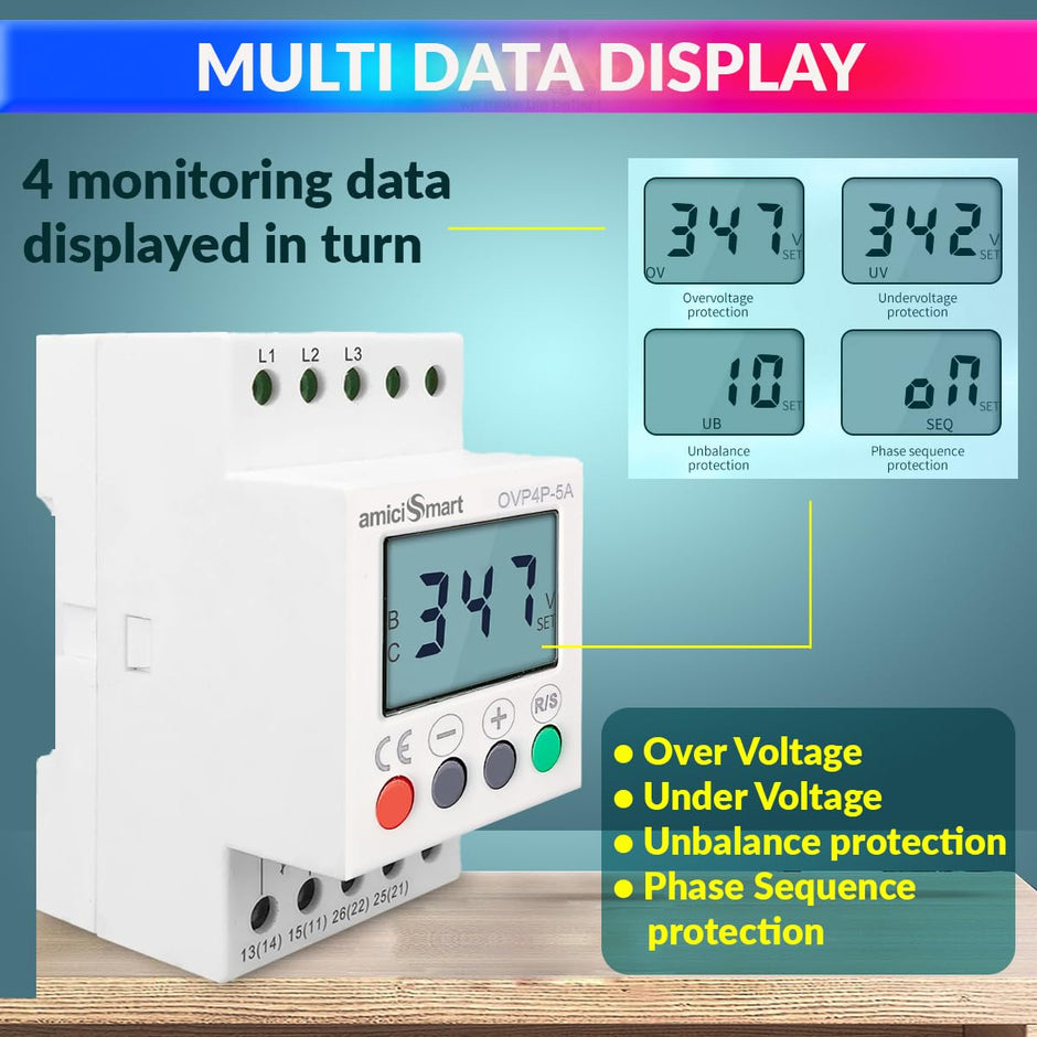 amiciSmart Three Phase Adjustable 300-500V Over/Under Voltage Phase balance Protection Relay with LCD Display and Din Rail Mount