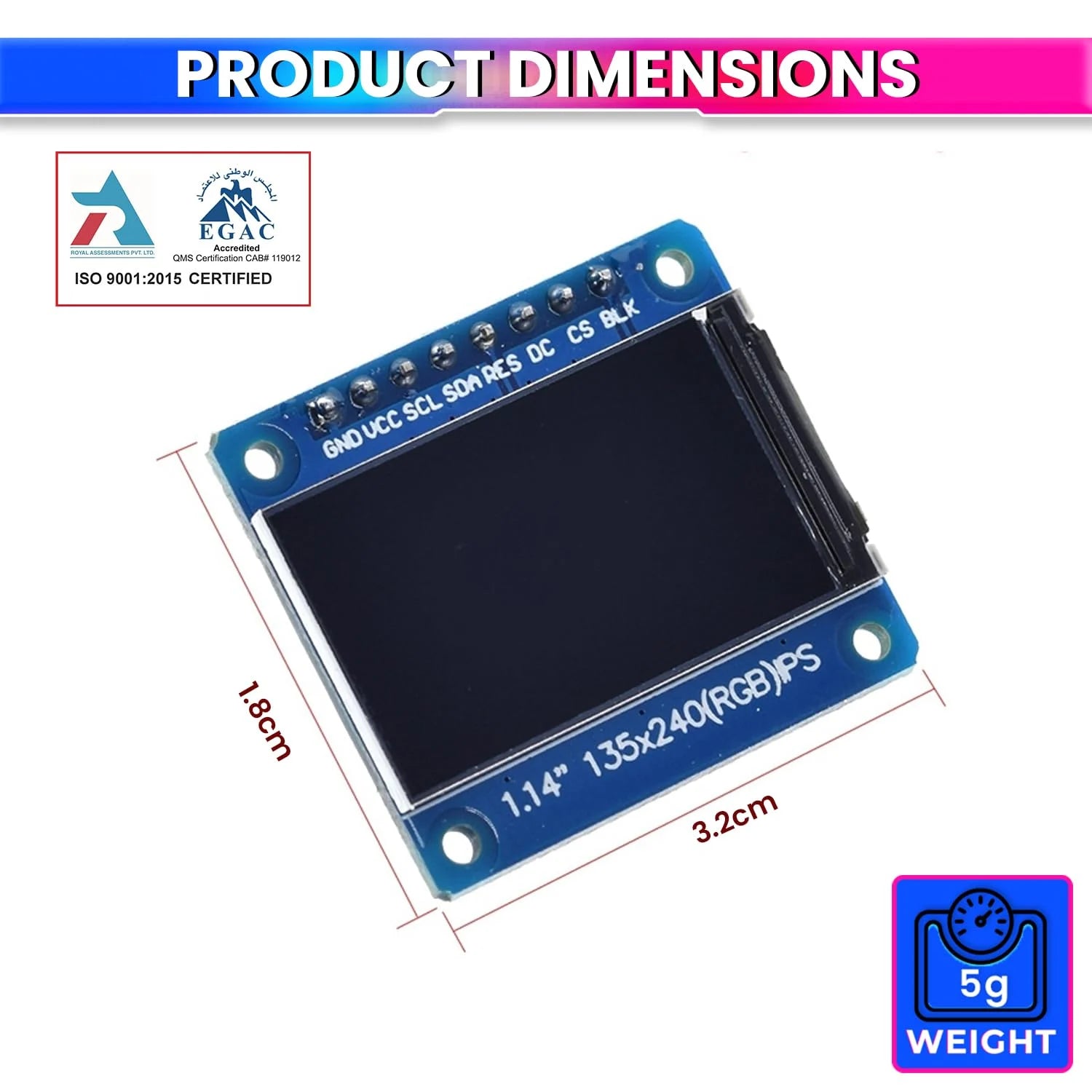 1.14 Inch IPS Full-Color TFT Display Module ST7789 Driver IC, 3.3V 8-Pin 4-Wire SPI Interface LCD Screen for Ardiuino, ESP32