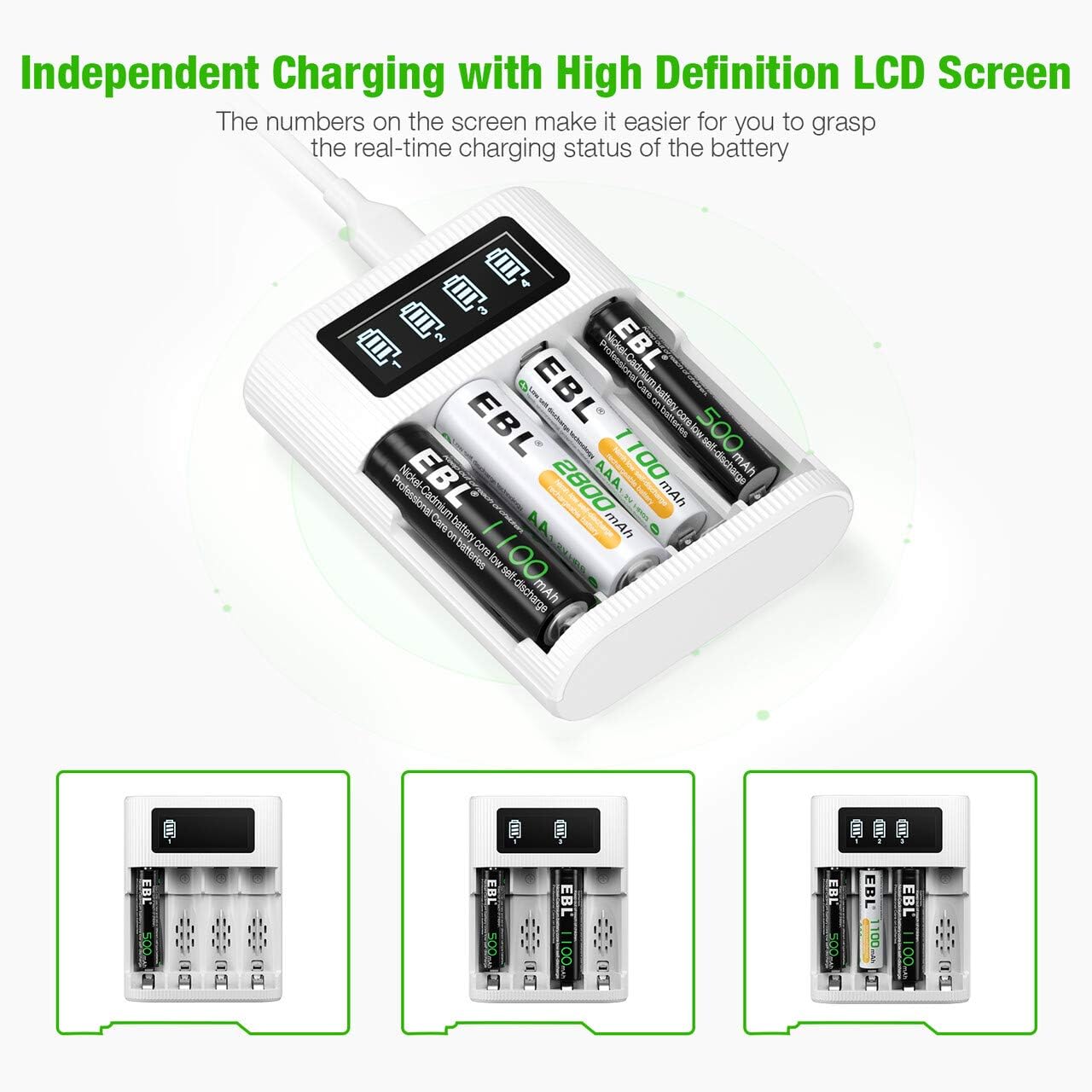 EBL AA and AAA Battery Charger - 4-Bay with Type-C & Micro USB Input, LCD Display for Charge State