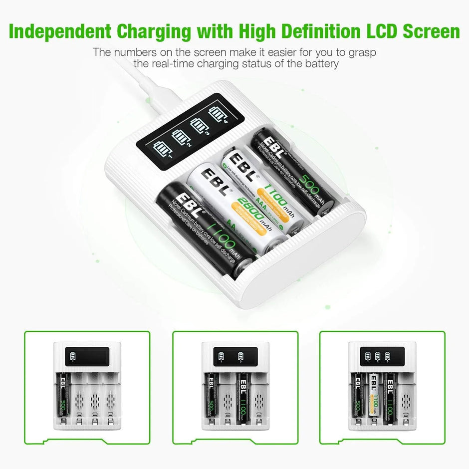 EBL AA and AAA Battery Charger - 4-Bay with Type-C & Micro USB Input, LCD Display for Charge State