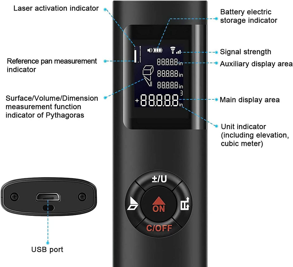 Laser Distance Meter, 40M Multi-Functional Laser Sensor for Area/Volume/Pythagorean Measuring Tool with Back-Lit, Auto Power Off and USB Rechargeable