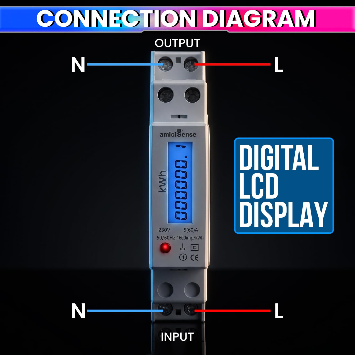 18mm Digital Energy Meter Single Phase 1P 2 Wire 230V AC 60A | kWh Power Consumption with LCD Display