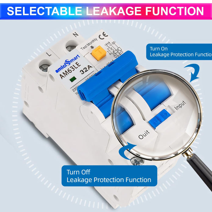 32A RCBO Circuit Breaker Leakage, Overcurrent & Short-Circuit Protection with Leakage On/Off Switch
