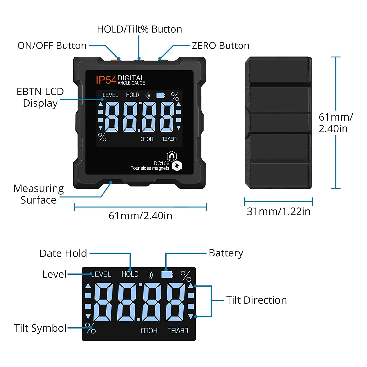 Digital Protractor Angle Gauge with 4 Magnetic Sides, Inclinometer, 2×AAA Battery