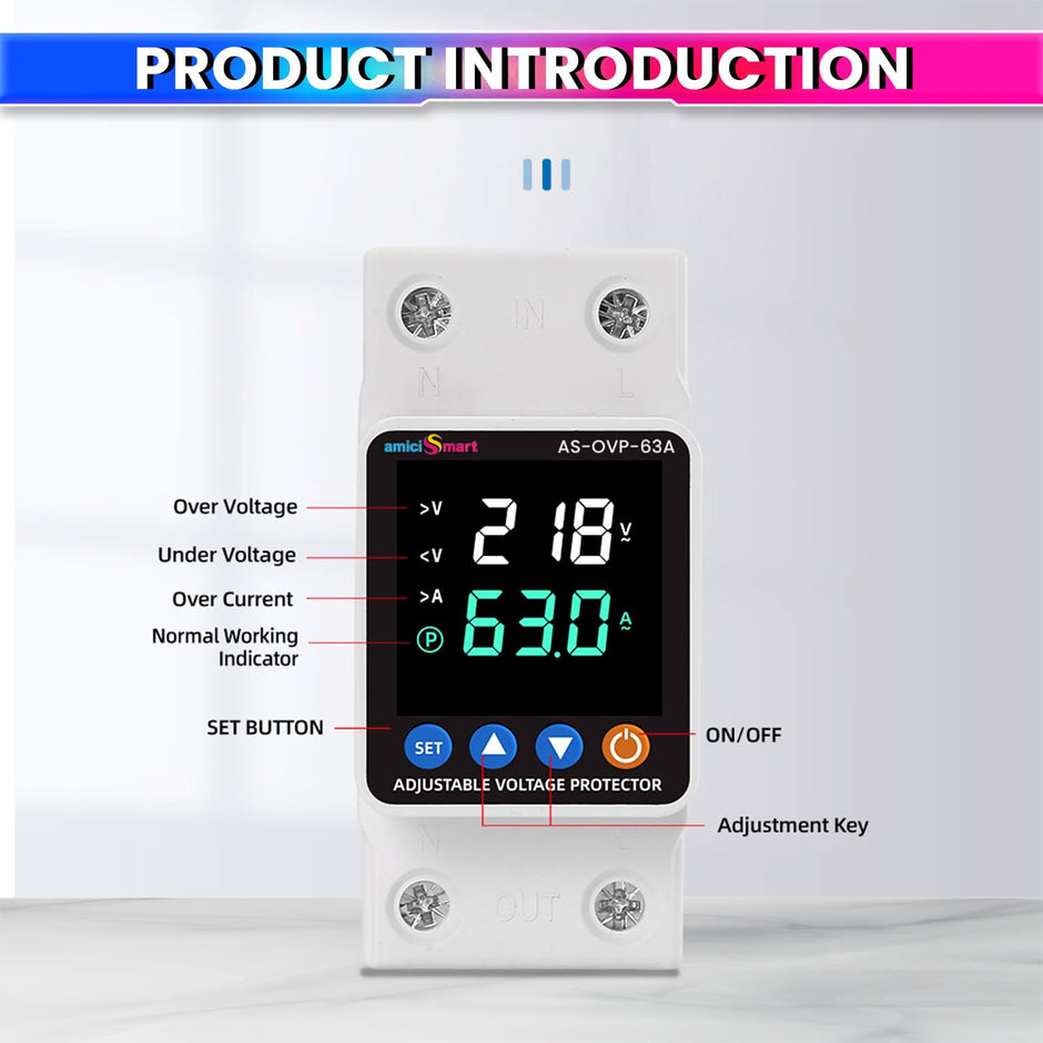 Automatic Over/Under Voltage and Overload Protection Device 63A DIN-Rail with LED Display