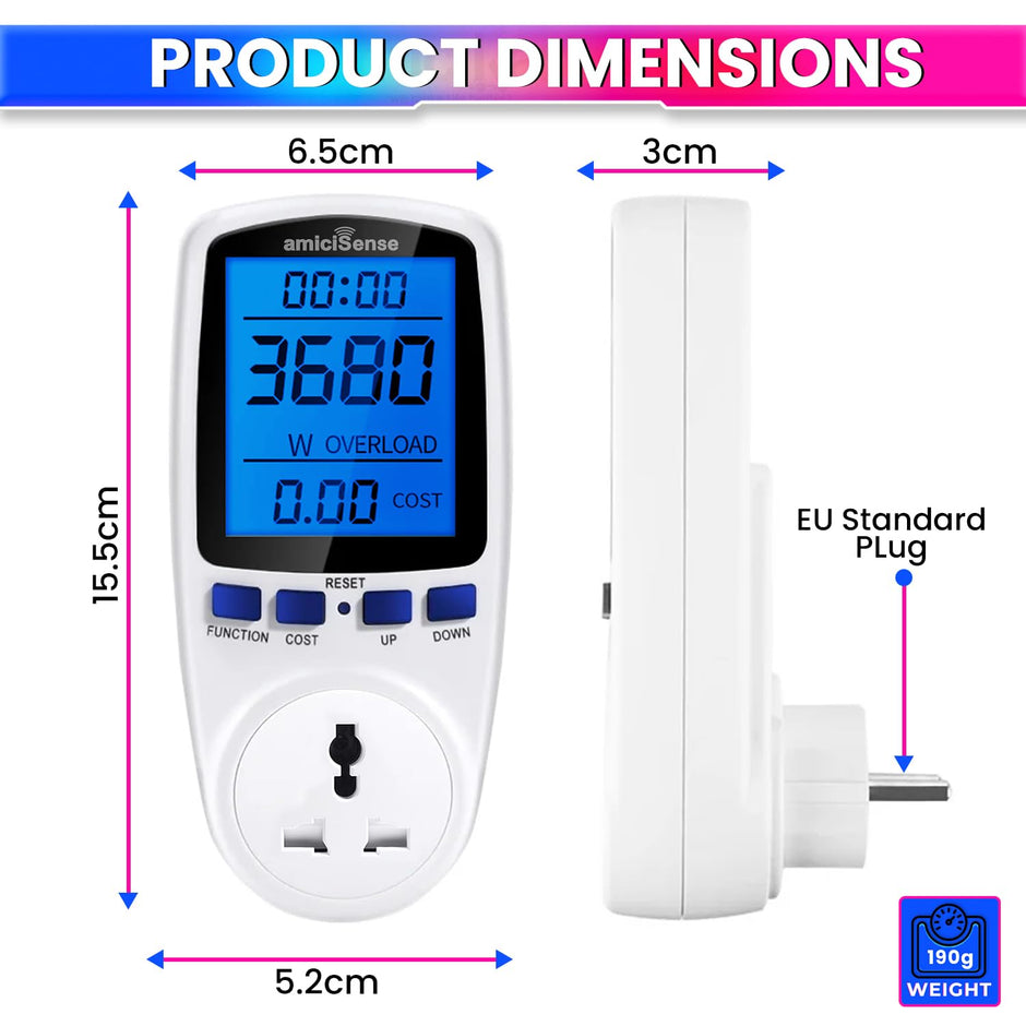 Digital Power Meter Plug – Voltage, Amps & Frequency Test & Cost Monitor 16A Capacity with Real-Time