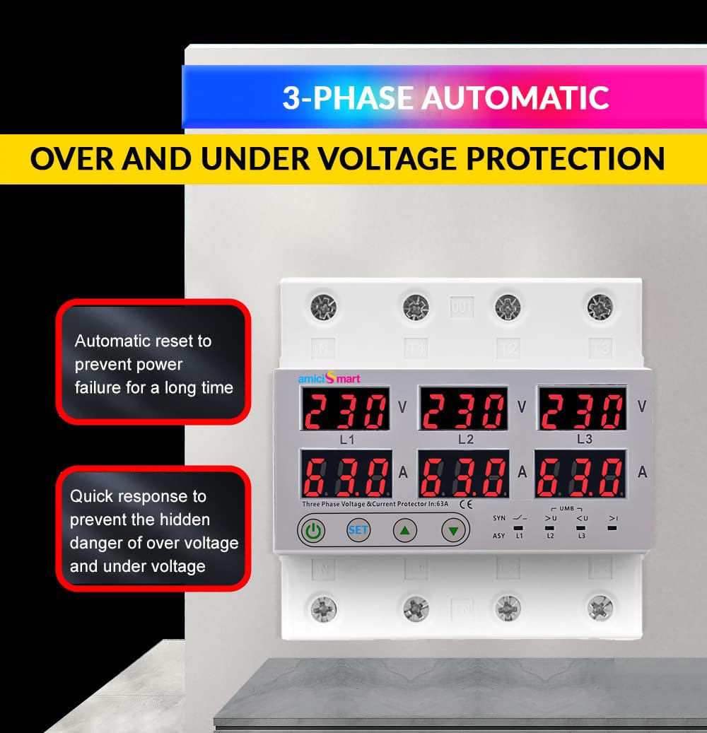 3-Phase Automatic Voltage Protector 63A Over/Under Voltage, Overcurrent & Phase-Imbalance Protection with Auto-Reconnect