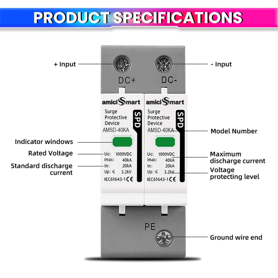 DC SPD Surge Protective Device 20KA 40KA Voltage Protector for Solar PV Systems