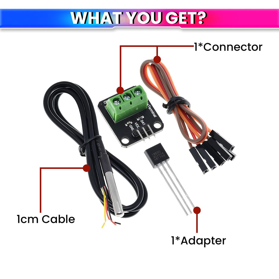 Waterproof Temperature Sensor Module Kit with 100CM Stainless Steel Probe & Terminal Adapter High-Precision Digital Sensor for Uno, Raspberry Pi, ESP32