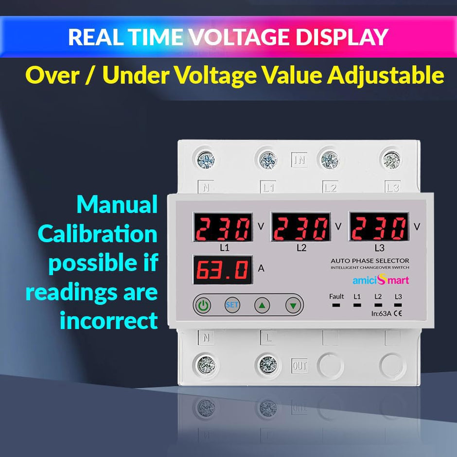 amiciSmart Intelligent 3 Phase to 1 Phase Selector/Changeover Switch with Over/Under Voltage Protection and Over Load Protection 230VAC