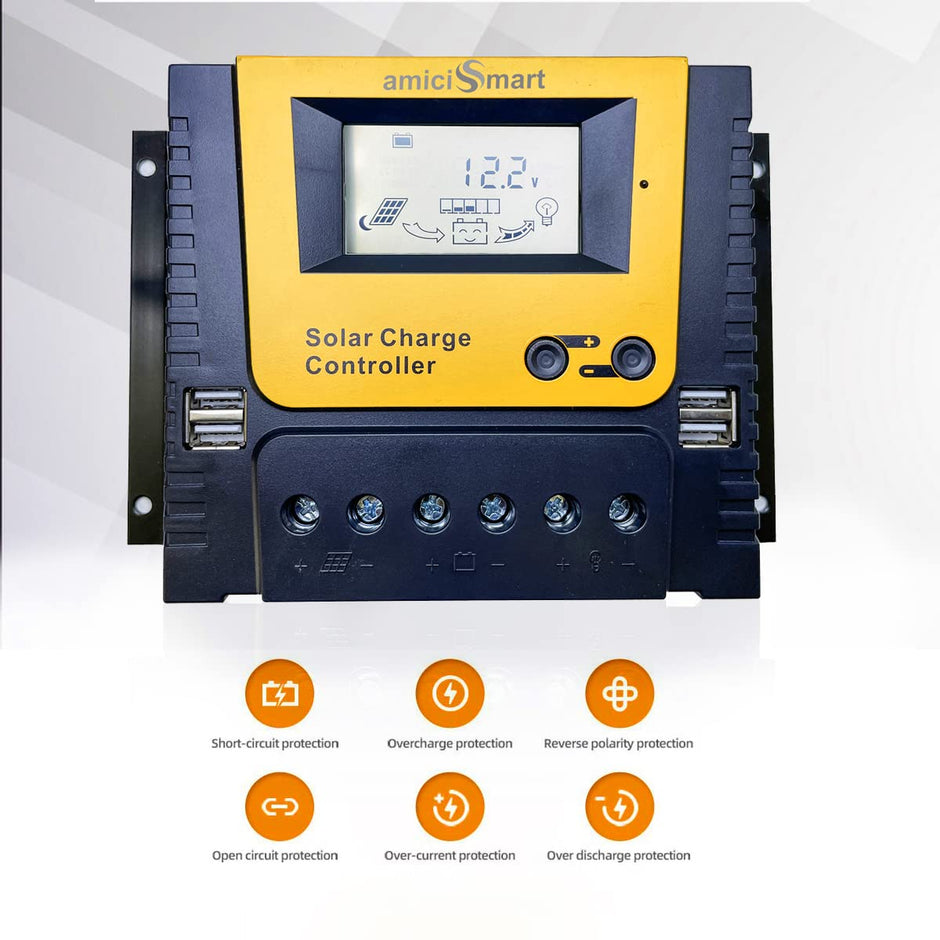 Solar Charge Controller, 4-Stage Intelligent Lithium Battery Regulator for Solar Panel with LCD Display USB Port 12V/24V/36V/48V