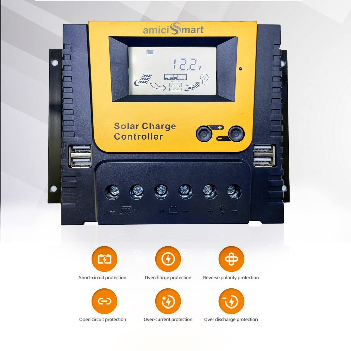 Solar Charge Controller, 4-Stage Intelligent Lithium Battery Regulator for Solar Panel with LCD Display USB Port 12V/24V/36V/48V