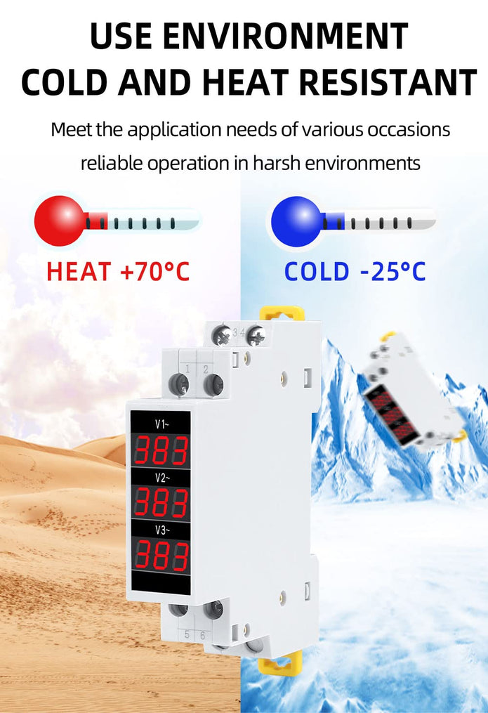 3-Phase Voltage Meter, AC 80-500V Mini Voltage Tester with Accurate LED Display Reading & Din Rail Mount