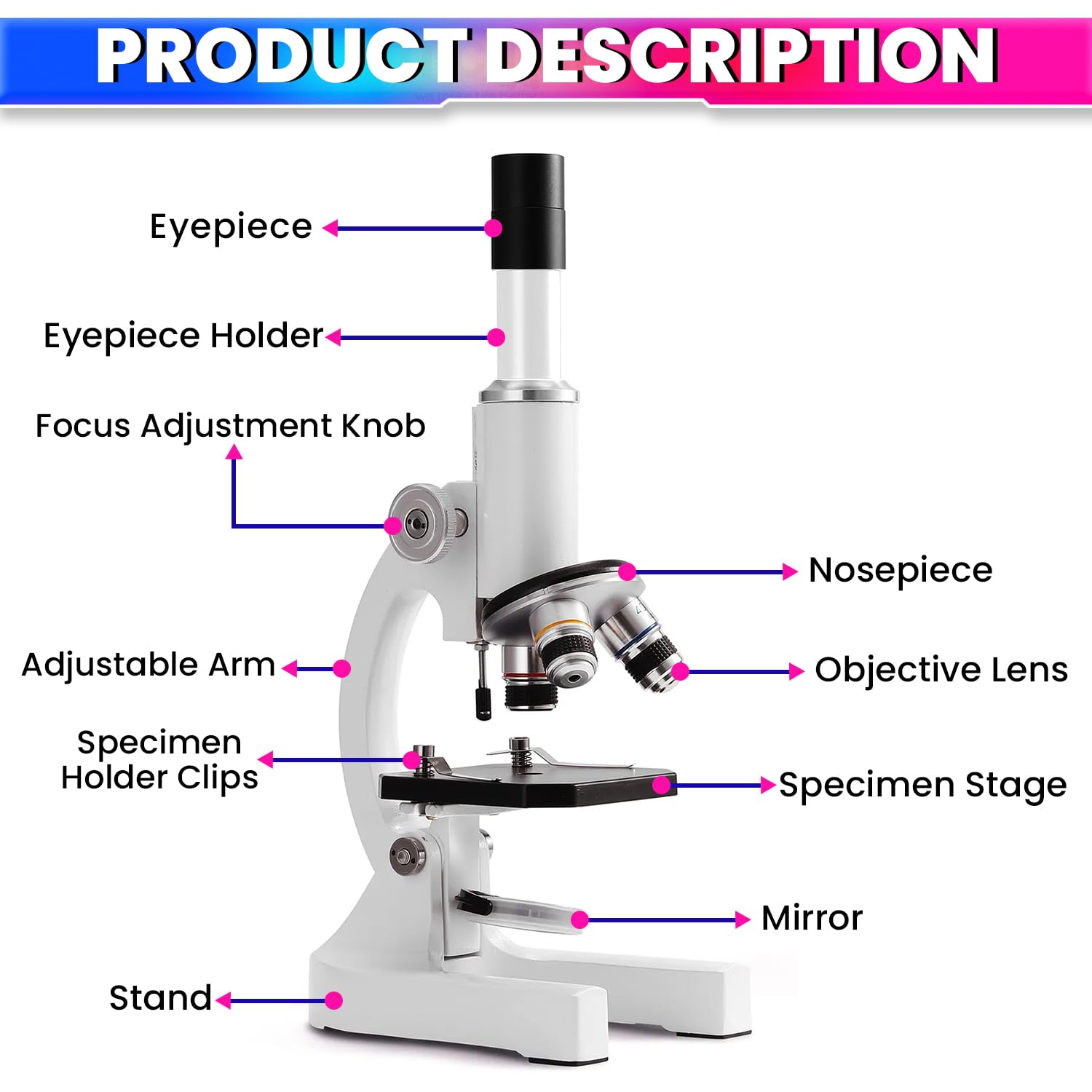 2400X Monocular Optical Microscope with Multiple Objective Lenses