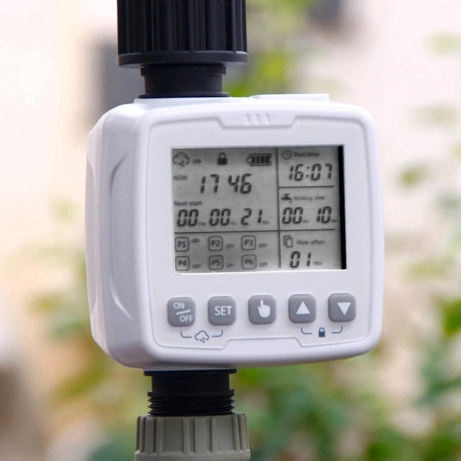 Automatic Irrigation Timer with Rain Sensor, 6 Programs, Child Lock & Battery Operated