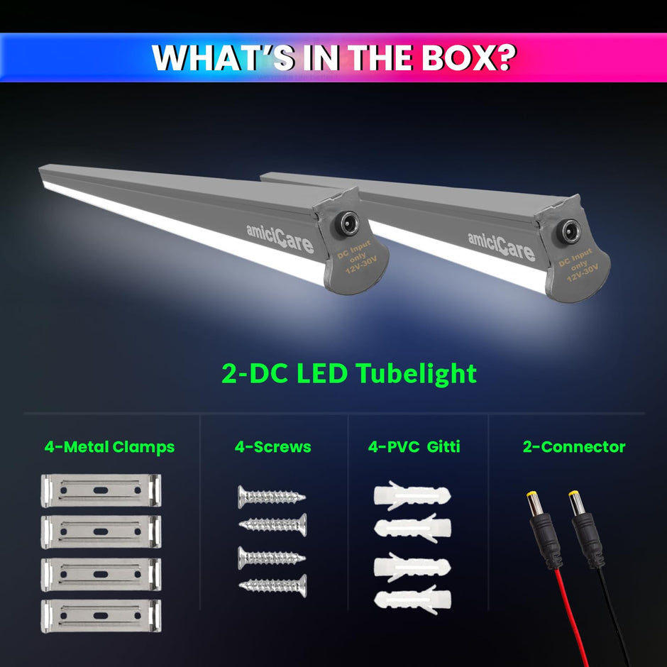 amiciCare 20W Tubelight for Off-Grid Solar System, Flicker-Free | Energy-Efficient | Voltage Range DC LED Batten 10~30VDC Power Supply (Pack of 2)