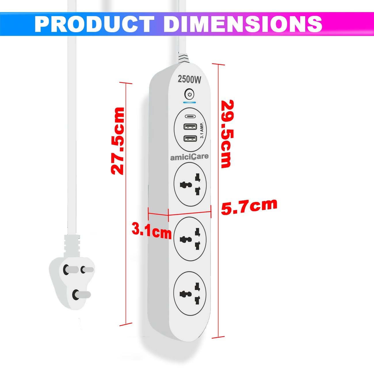 ElectroLine Extension Board 3 Universal Socket with 2 USB Port, Type-C Port & 1.3m Cord with On/Off Switch