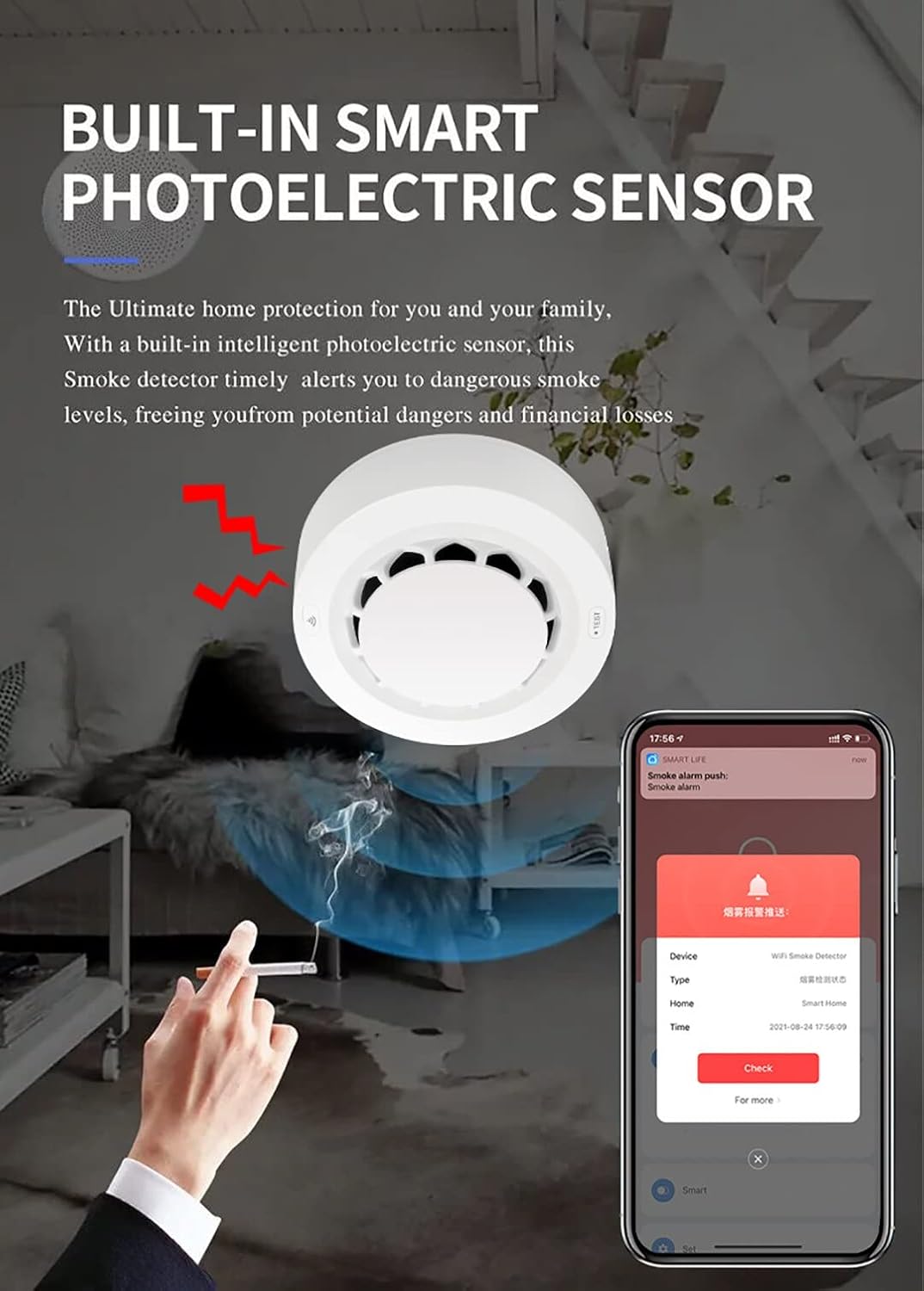 amiciSmart WiFi Smoke Detector, Fire Alarm Sensor SmartLife App Compatible for Home Protection with Test Function, Battery Operated