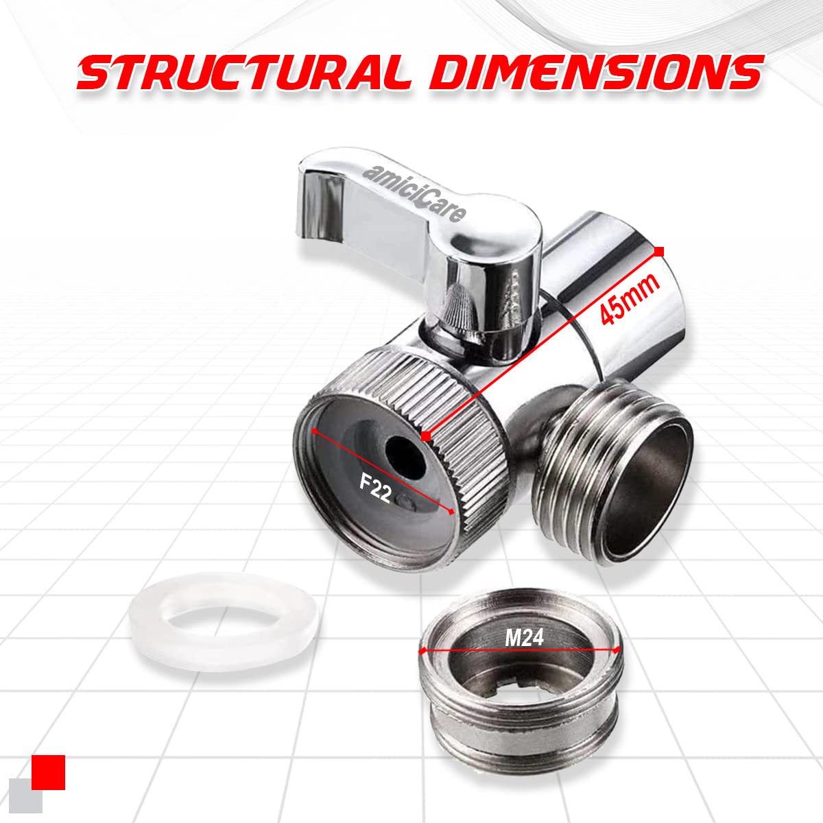 Tap Diverter Valve Faucet Splitter, Water Tap Connector with F22 Input with M24 Adapter