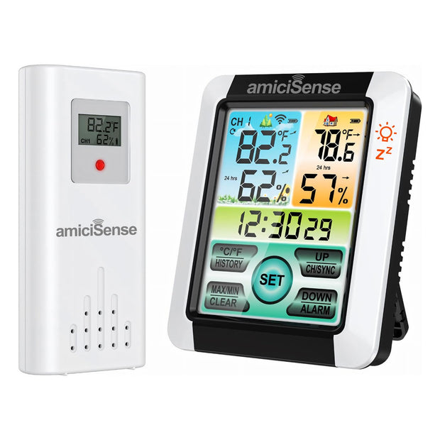 Digital Weather Station – Indoor/Outdoor Temp & Humidity Monitor with Touchscreen & Clock